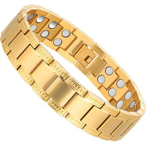 أساور مغناطيسية للرجال، سوار من الفولاذ المقاوم للصدأ، أساور مغناطيسية علاجية للتصريف اللمفاوي مع هدية مجوهرات مغناطيسية مزدوجة الصف مع أداة ضبط (ذهبي) in Kuwait