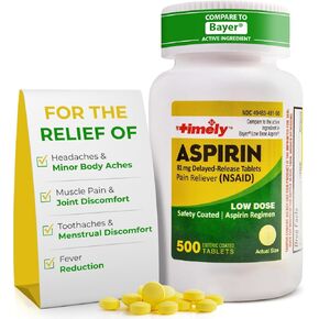 في الوقت المناسب - جرعة منخفضة الأسبرين 81mg - 1000 قرص - مقارنة بالمكون النشط في جرعة باير منخفضة - قوة منخفضة المعوية - مسكن للألم للآلام والآلام البسيطة ، مخفض الحمى in Kuwait