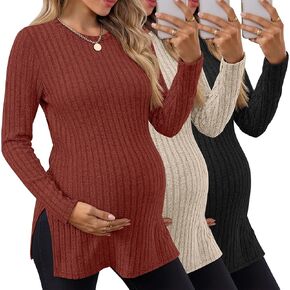 3 Pack Women's Maternity Shirts, Ribbed Long Sleeve Pregnancy Sweaters Knit Split Side Crew Neck Tunic Tees Tops in Kuwait
