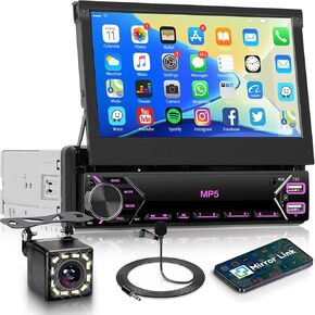 Carplay اللاسلكي واحد DIN Car Stereo Stereo Touchnens Android Auto ، 7 '' '' 'Flip Out Screen Car Stereo مع استقبال صوت سيارة Bluetooth ، FM/Amradio ، كاميرا احتياطية/رابط المرآة/USB/Aux/Type-C الشحن السريع in Kuwait