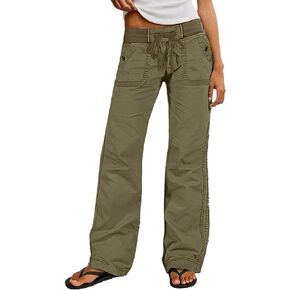 Flamingals Straight Leg Pants for Women Drawstring Waist Mid Rise Casual Solid Seam Detail Pants in Kuwait