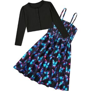 RAISEVERN Girls Casual Adjustable Strap Sleveless Dress Cardigan Set Size 5-12Y in Kuwait