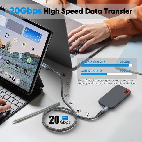 USB C Data Cable 3ft, USBC 3.2 Gen 2X2 with 20Gbps High Speed Data Transfer & 240W Charging & 4K@60Hz Type C Monitor Cord Braided for Portable SSD Docking Station Laptop Phone PS5 etc. in Kuwait