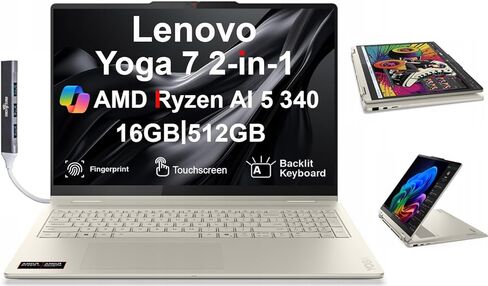 Lenovo Yoga AI PC 2-in-1 Laptop 16.0" Touchscreen IPS WUXGA Display (AMD Ryzen AI 5 340, 16GB LPDDR5X, 1TB M.2 PCIe SSD, Backlit KB, Fingerprint, WiFi 7, Webcam, Win 11 Pro) w/DKZ USB Port Expander in Kuwait