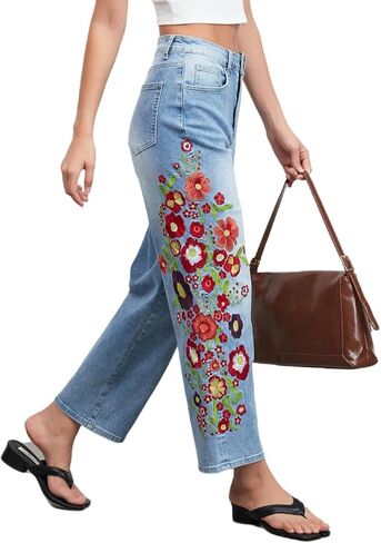 Straight Leg Cropped Jeans for Women Trendy Mid Rise Floral Print Boho Casual Denim Ankle Pants in Saudi Arabia