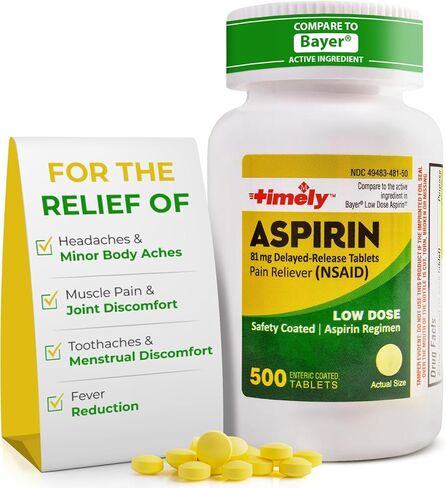 Timely - Low Dose Aspirin 81mg - 1000 Tablets - Compared to the Active Ingredient in Bayer Low Dose - Enteric Coated Low Strength - Pain Reliever for Minor Aches and Pains, Fever Reducer in Saudi Arabia