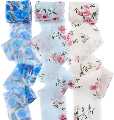 Craspire 3 Style Floral Fringe chiffon Ribbon 15ydsx1.7in مصنوعة يدويًا حافة الحافة النسيج شريط شيفون مجموعة لدعوات عيد ميلاد حفل الزفاف. in Saudi Arabia