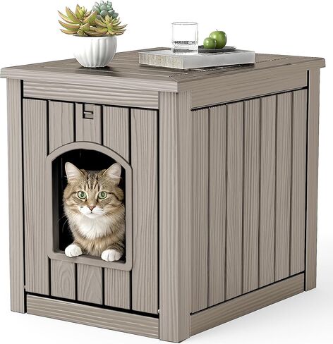 Vixzen Cat House Resin Outdoor Cat House with Flip Lid مرتفعة أرضية مرتفعة مقاومة للماء سهلة الوصول سهل التجميع سهل تنظيف المنازل للقطط في الهواء الطلق والرمادي in Kuwait