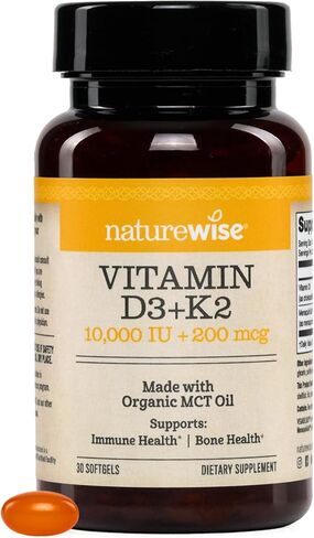 NatureWise Vegan Vitamin D3 + K2 in Organic Coconut MCT Oil - Organic D3 10000IU + Natural K2 100mcg - High Absorption Bone Support - Non-GMO - USA Manufactured - 30 Softgels[30-Day Supply] in Saudi Arabia