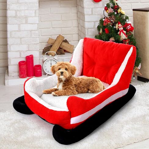 Christmas Dog Bed Pet Red Sleigh Cat Sofa with Plush Synthetic Fur, Washable Cozy Christmas Pet Bed for Small to Large Dogs Indoor Outdoor Use(Red Black,32x22x15 Inch) in Saudi Arabia