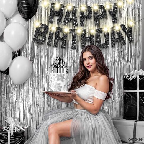 KatchOn, Black and Silver Birthday Decorations Set - Pack of 5 | Glitter Happy Birthday Banner, Silver Backdrop, Led Light, Cake Topper | Happy Birthday Decorations for Men, Women in Saudi Arabia