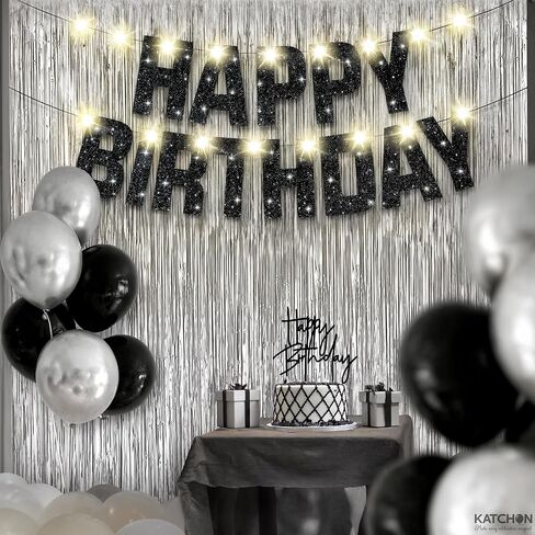KatchOn, Black and Silver Birthday Decorations Set - Pack of 5 | Glitter Happy Birthday Banner, Silver Backdrop, Led Light, Cake Topper | Happy Birthday Decorations for Men, Women in Saudi Arabia