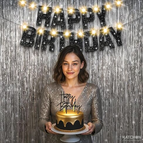 KatchOn, Black and Silver Birthday Decorations Set - Pack of 5 | Glitter Happy Birthday Banner, Silver Backdrop, Led Light, Cake Topper | Happy Birthday Decorations for Men, Women in Saudi Arabia