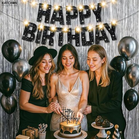 KatchOn, Black and Silver Birthday Decorations Set - Pack of 5 | Glitter Happy Birthday Banner, Silver Backdrop, Led Light, Cake Topper | Happy Birthday Decorations for Men, Women in Saudi Arabia