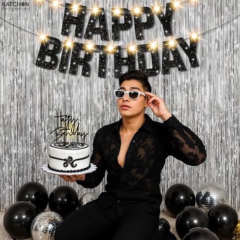 KatchOn, Black and Silver Birthday Decorations Set - Pack of 5 | Glitter Happy Birthday Banner, Silver Backdrop, Led Light, Cake Topper | Happy Birthday Decorations for Men, Women in Saudi Arabia
