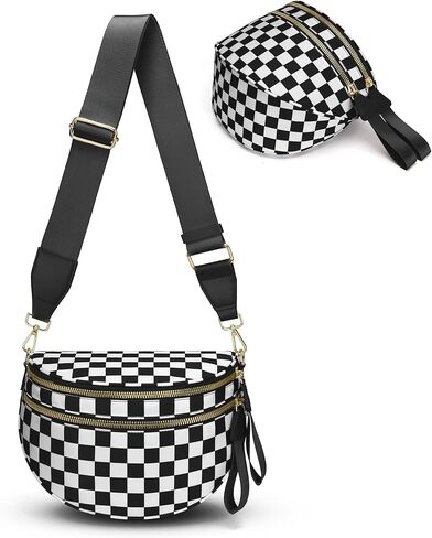 Women's Crossbody Bum Bag, Trendy Crescent Plaid Waist Bag with Large Pockets and Strap, Sling Pack for Casual Travel Outdoor One Fize fits All (Black+White, Medium) in Saudi Arabia