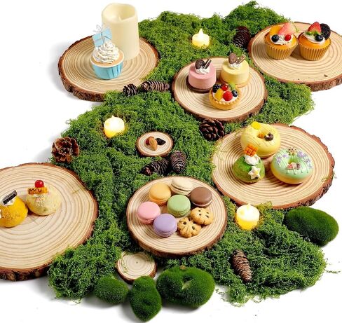 Nuanchu 7 Pack Wood Table Centerpieces with Rustic Wood Slices and Artificial Fake Green Moss for Wooden Fairy Wedding Woodland Table Decor Ideal DIY Crafts (2.4-2.8'',5.1-5.5'',7.9-9.1'') in Saudi Arabia