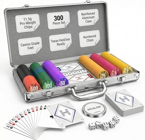 600-Piece Casino Poker Chip Set with Denominations, 11.5g Weighted Chips, 2 Decks, Compact Aluminum Case for Texas Hold'em, Blackjack in Kuwait