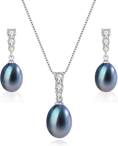 Pearl Necklace and Earrings Set, Saltwater/Freshwater Cultured Pearl 9-10mm, 925 Sterling Silver Drop Set with CZ Diamonds, Luxury Jewelry Gifts for Wife, Mom, Girlfriend in Kuwait