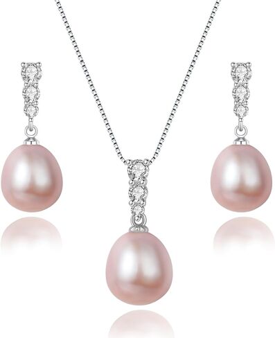 Pearl Necklace and Earrings Set, Saltwater/Freshwater Cultured Pearl 9-10mm, 925 Sterling Silver Drop Set with CZ Diamonds, Luxury Jewelry Gifts for Wife, Mom, Girlfriend in Kuwait