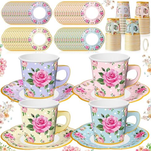 Umigy 60 مجموعة من أكواب الشاي الورقية المزخرفة لحفلات الشاي مع مقبض وأطباق، مجموعات أكواب شاي وصحون زهر للاستعمال مرة واحدة مع شريط للمشروبات الباردة الساخنة وأعياد الميلاد (متعددة الألوان، 6.5 أونصة) in Kuwait