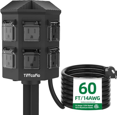 Outdoor Power Strip with Stake Waterproof, 10 FT Extension Cord, 6 Grounded Outlets for Outdoor Lights, 14 AWG, 15A/1875W, ETL Listed in Saudi Arabia