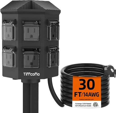 Outdoor Power Strip with Stake Waterproof, 10 FT Extension Cord, 6 Grounded Outlets for Outdoor Lights, 14 AWG, 15A/1875W, ETL Listed in Saudi Arabia