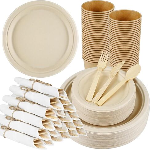 Pre Rolled Napkin and Bamboo Cutlery Set - 50Pack Bamboo Utensils/Compostable Cutlery(50 Forks, 50 Knives, 50 Spoons, 50 Napkins), Biodegradable Wrapped Cutlery for Party, Banquet, Wedding in Kuwait