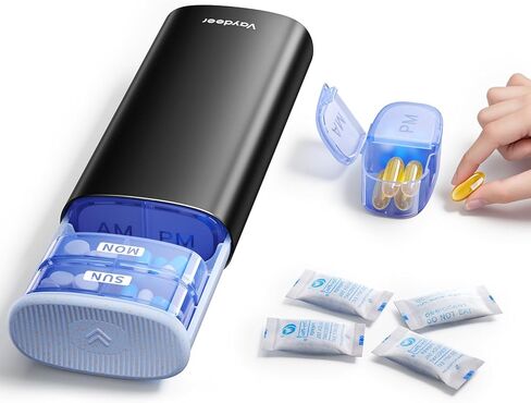 Vaydeer Large Weekly Pill Organizer مرتين في اليوم ، صندوق حبوب منع الحمل المعدني لمدة 7 أيام مع حماية مزدوجة ، حالة حبوب منع الحمل للأدوية ، الفيتامينات ، زيوت السمك ، المكملات الغذائية (Gold Champagne) in Kuwait