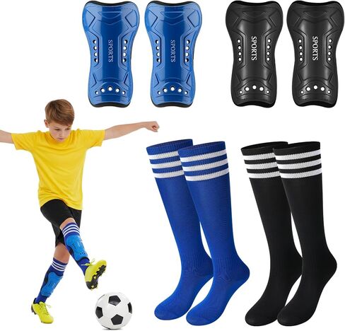 2 Pack Kids Soccer Shin Guards Soccer Socks Protective Shin Pads Adjustable Straps for 6-10 Years Old Youth Football Games Training in Kuwait