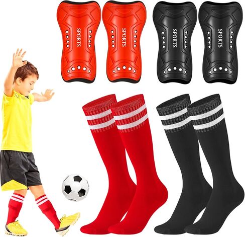 2 Pack Kids Soccer Shin Guards Soccer Socks Protective Shin Pads Adjustable Straps for 6-10 Years Old Youth Football Games Training in Kuwait
