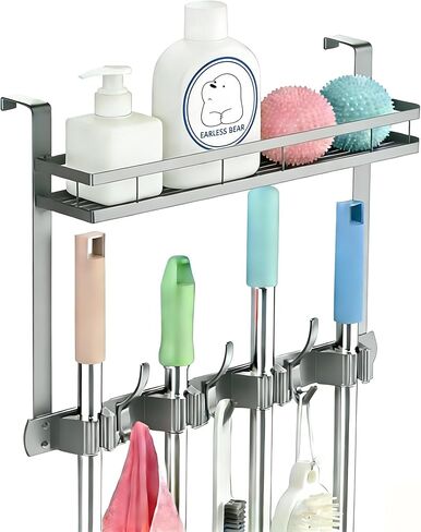 Broom Holder Over The Door Over Door Broom and Mop Rack Over The Door Hooks Organizer With4 Slots & 3 Hooks 1 Storage Basket For Laundry Room, Garage, Closet, Kitchen Decor (black) in Kuwait