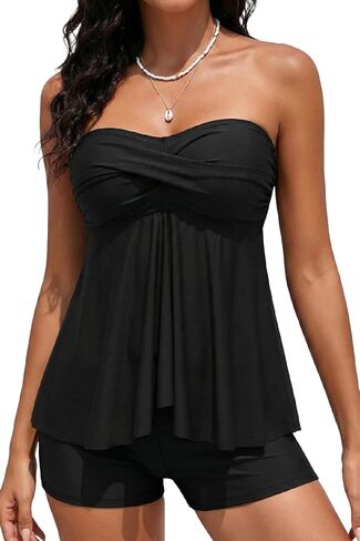 Women Strapless Tankini Swimsuits - 2 Piece Halter Bathing Suit Bandeau Flyaway Top with High Waist Swim Shorts in Saudi Arabia