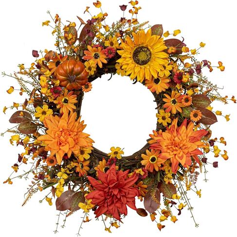 Artificial Fall Wreath 22 Inch Fall Wreaths for Front Door Autumn Flower Wreath with Sunflower Daisy Dahlia Pumpkin for Indoor Outdoor Window Wall Porch Harvest and Thanksgiving Celebration in Saudi Arabia