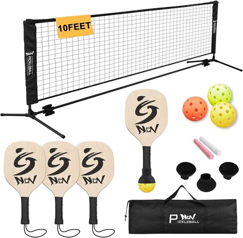 NQV Pickleball Set with Net-10FT Half Court Size Pickleball Net+Wood Pickleball Paddles+Pickle balls+Ball Retrievers+Pickleball Court Marking Kit, Portable Outdoor Driveway Indoor for Adults Beginners in Kuwait