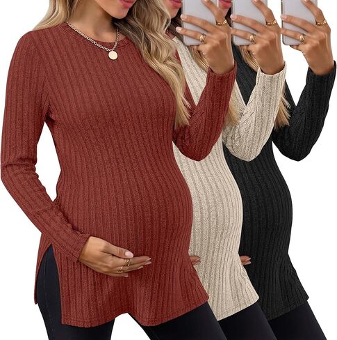 3 حزمة قمصان الأمومة النسائية ، مضلعة طويلة الأكمام سفن الحمل متماسكة تقسيم الطاقم الرقبة TUNIC TOPS TOPS in Kuwait