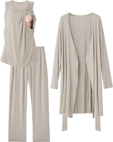 Rnxrbb Nursing Pajamas Gown Set for Women Breastfeeding Postpartum Pajama Maternity Pj for Hospital 3 PCS in Kuwait