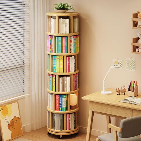 6 Tier Rotating Bookshelf, Solid Wood Spinning Bookcase Tower, 360° Spinning Book Shelf Tower for Kids, Narrow Rolling Bookshelves for Small Space, Corner, Bedroom, Office in Kuwait