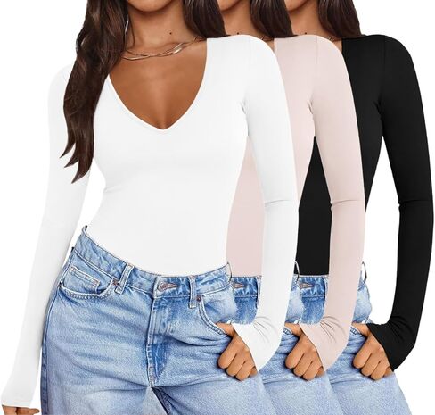 ekouaer deep v deck decrts for women low cut long sleeve tops slim fit fit basic scivage tees deep stshirts tshirts xs-xxl in Saudi Arabia