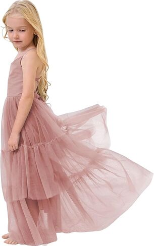 Boho Flower Girls Dress Tulle Backless Ruffle Girls Dress Beach Wedding Tiered Flowy Party Maxi Gown in Kuwait