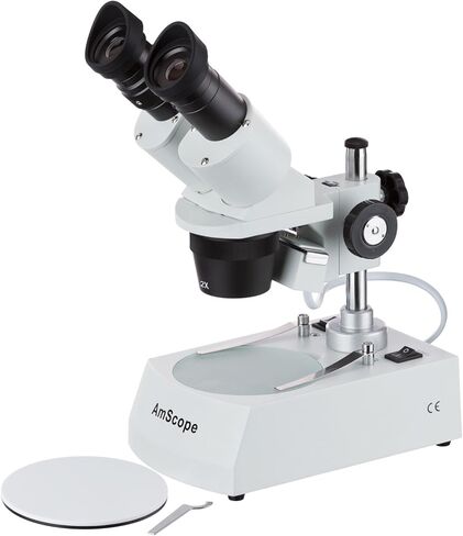 AmScope SE306R-AY Forward-Mounted Binocular Stereo Microscope, WF10x and WF15x Eyepieces, 20X/30X/40X/60X Magnification, 2X and 4X Objectives, Upper and Lower Halogen Lighting, Reversible Black/White Stage Plate, Arm Stand, 120V in Kuwait