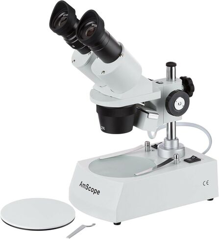 AmScope SE306R-AY Forward-Mounted Binocular Stereo Microscope, WF10x and WF15x Eyepieces, 20X/30X/40X/60X Magnification, 2X and 4X Objectives, Upper and Lower Halogen Lighting, Reversible Black/White Stage Plate, Arm Stand, 120V in Kuwait