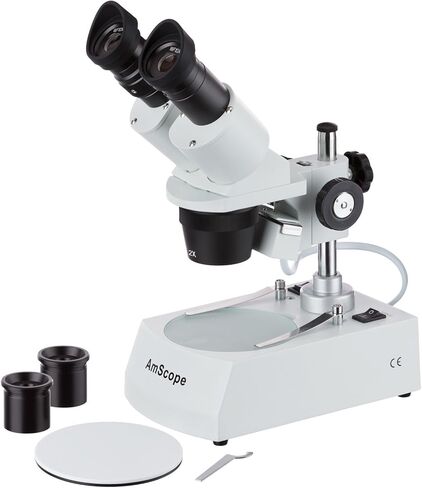 AmScope SE306R-AY Forward-Mounted Binocular Stereo Microscope, WF10x and WF15x Eyepieces, 20X/30X/40X/60X Magnification, 2X and 4X Objectives, Upper and Lower Halogen Lighting, Reversible Black/White Stage Plate, Arm Stand, 120V in Kuwait