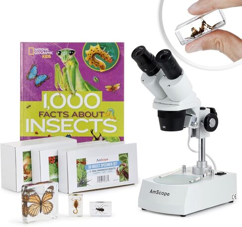 AmScope SE306R-AY Forward-Mounted Binocular Stereo Microscope, WF10x and WF15x Eyepieces, 20X/30X/40X/60X Magnification, 2X and 4X Objectives, Upper and Lower Halogen Lighting, Reversible Black/White Stage Plate, Arm Stand, 120V in Kuwait
