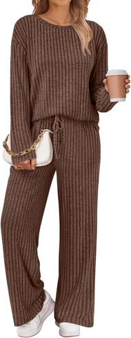 LILLUSORY Womens Lounge Sets 2 Piece Matching Pajamas Fall Fashion 2025 Ribbed Knit Outfits Long Sleeve Casual Sweatsuits in Saudi Arabia