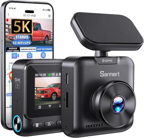 Sarmert C1 5K Dash Cam - نظام تحديد المواقع العالمي المدمج وواي فاي 5G، كاميرا داش كام 5K / 4K / 2.5K UHD مع التطبيق، كاميرا داش شاشة IPS مقاس 2 بوصة مع رؤية ليلية فائقة، تسجيل حلقة، WDR، عرض 150 درجة، مستشعر G، يدعم 512 جيجابايت كحد أقصى in Kuwait