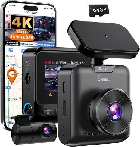 Sarmert C1 5K Dash Cam - نظام تحديد المواقع العالمي المدمج وواي فاي 5G، كاميرا داش كام 5K / 4K / 2.5K UHD مع التطبيق، كاميرا داش شاشة IPS مقاس 2 بوصة مع رؤية ليلية فائقة، تسجيل حلقة، WDR، عرض 150 درجة، مستشعر G، يدعم 512 جيجابايت كحد أقصى in Kuwait