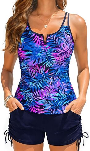 Womens Tankini Swimsuits with Shorts - 2 Piece Tummy Control Bathing Suit V-Wire Drawstring Swimwear with Pockets 2026 in Saudi Arabia