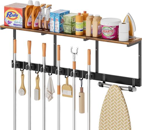 Broom Holder Wall Mount with Cleaning Supplies Organizer, Laundry Room Organization and Storage Shelves with Mop Hanger Rack Gripper Hooks, Utility Shelf Closet Organizer for Home Garage Kitchen in Kuwait