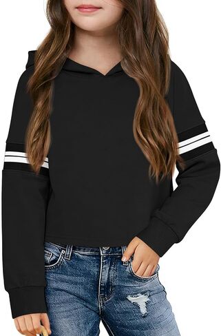 Haloumoning Girls Fashion Hoodies Kids Cute مخطط طويل الأكمام قمم محصول محصول مقنعين من 5-14 سنة in Saudi Arabia